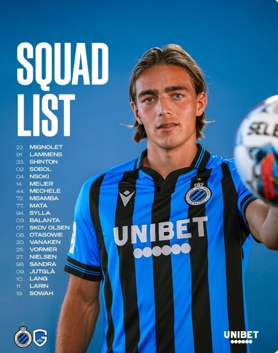 布鲁日公布比甲联赛揭幕战大名单,德凯特莱尔缺席