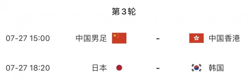 东亚杯男足末轮赛程:7月27日15:00国足vs中国香港 18:20韩日争冠