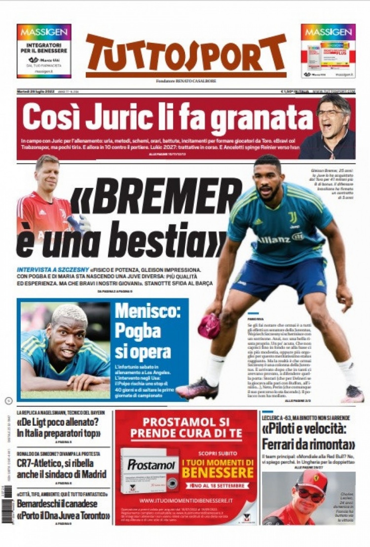 都体头版:布雷默强如野兽 博格巴将因伤缺战约40天