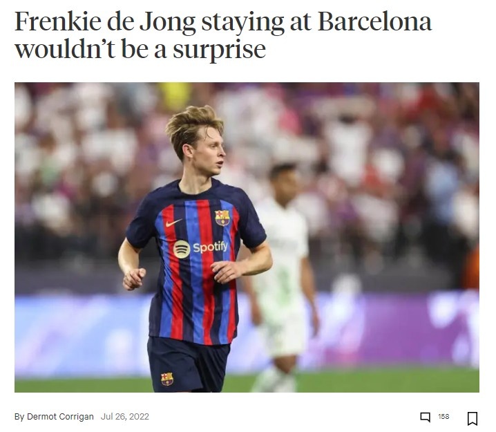 TA:德容与滕哈赫并无特殊关系,球员可能与C罗对欧联想法一致