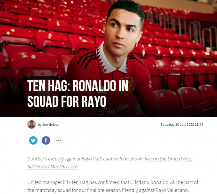 滕哈赫:C罗进入周日比赛大名单,能踢多久还要看看