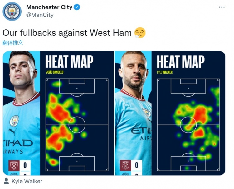 踢的是中场?曼城官方晒坎塞洛、沃克对西汉姆的热点图