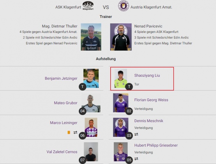 刘邵子洋代表克拉根福二队打满全场,球队客场0-2告负