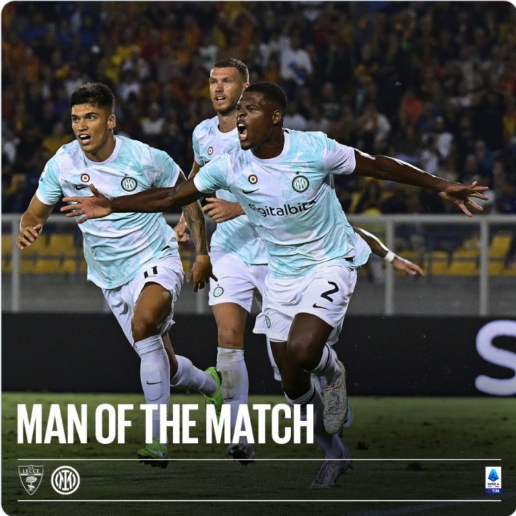 读秒绝杀!邓弗里斯当选对阵莱切一役国米队内最佳球员