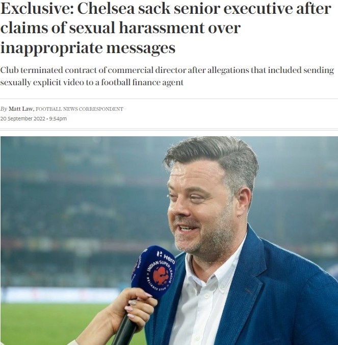 电讯报:切尔西商务主管本月初上任,因性骚扰被立即解雇