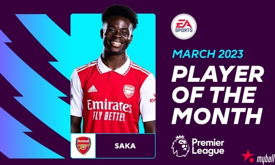 迈博体育 萨卡当选英超3月最佳球员,3球2助随枪手4战全胜