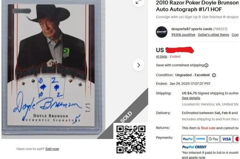 【EV扑克】趣闻 | Doyle Brunson亲笔签名扑克交易卡以1603美元高价成交