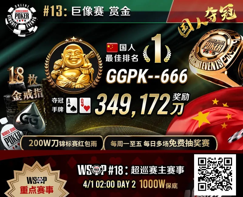【EV扑克】素人圆梦WSOP！中国选手GGPK–666斩获巨像赛金戒指，奖励＋赏金近35W刀！