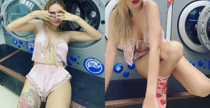 「泰辣女子」中路大開現身洗衣店，「雪嫩雙峰」一不小心就倒出來