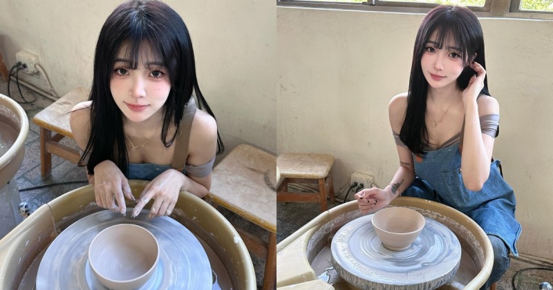 甜美大眼妹彎腰體驗「手拉胚」 網友不解：到底看陶還看胸？