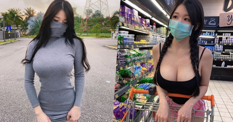 太辣！逛超市巧遇「巨乳口罩正妹」，「乳量滿載」客人都騷動了！