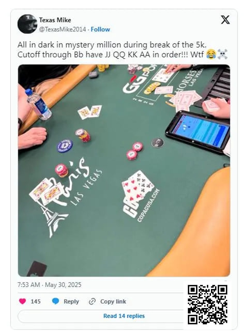 【EV扑克】WSOP的神奇时刻：Michael Moncek在盲注位全下，没想到身后有JJ、QQ、KK和AA