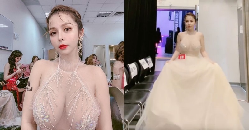 頒獎後台的超辣風景！巨乳波神「香菱」透視禮服威力兇猛，每步都溢滿乳香