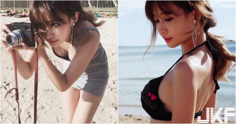 「長髮大眼正妹」沙灘玩耍彎腰畫面好誘人！衣服一脫暗藏「飽滿美乳」太犯規啦！